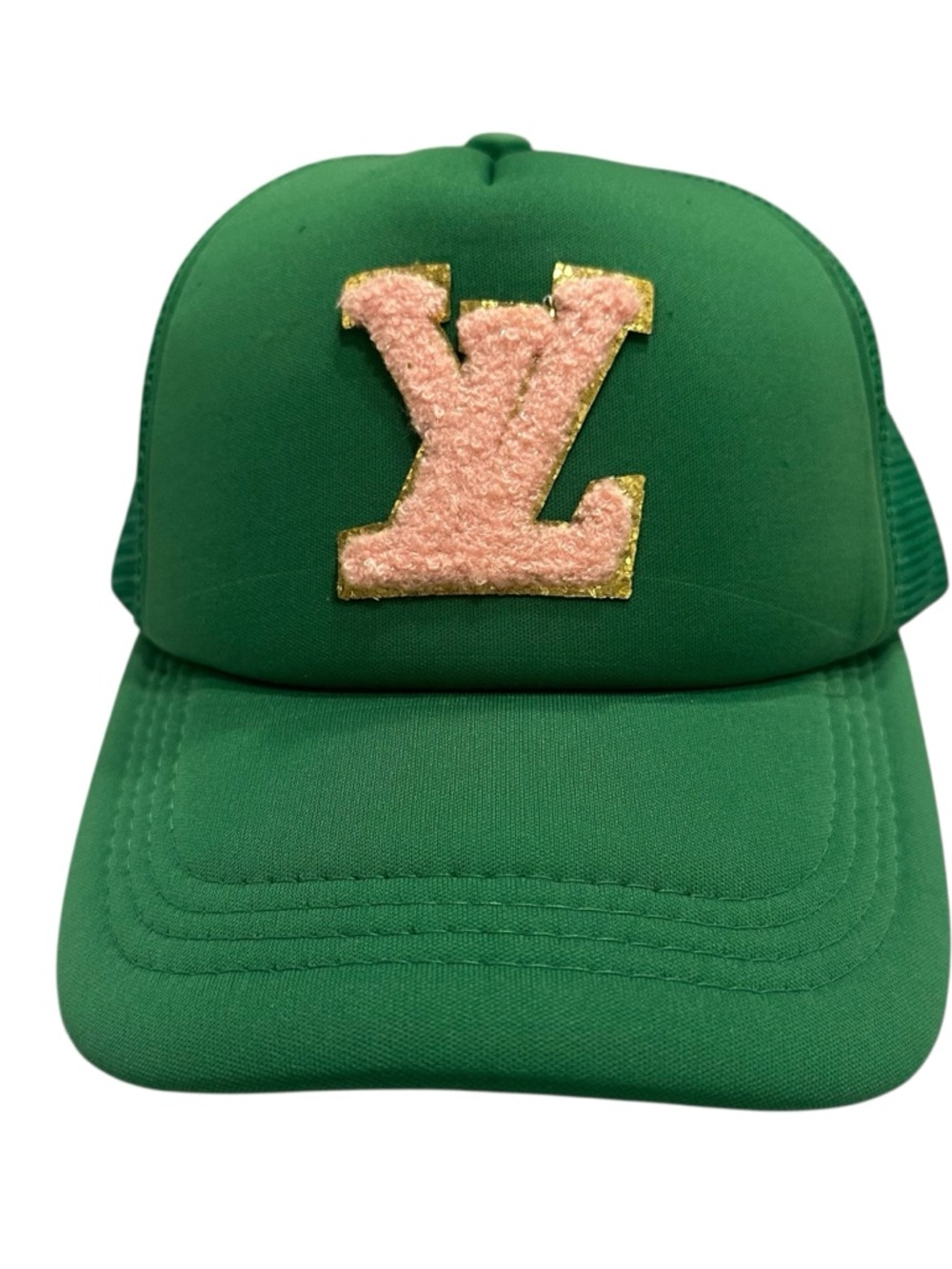 Green Trucker Hat with Pink Logo Patch